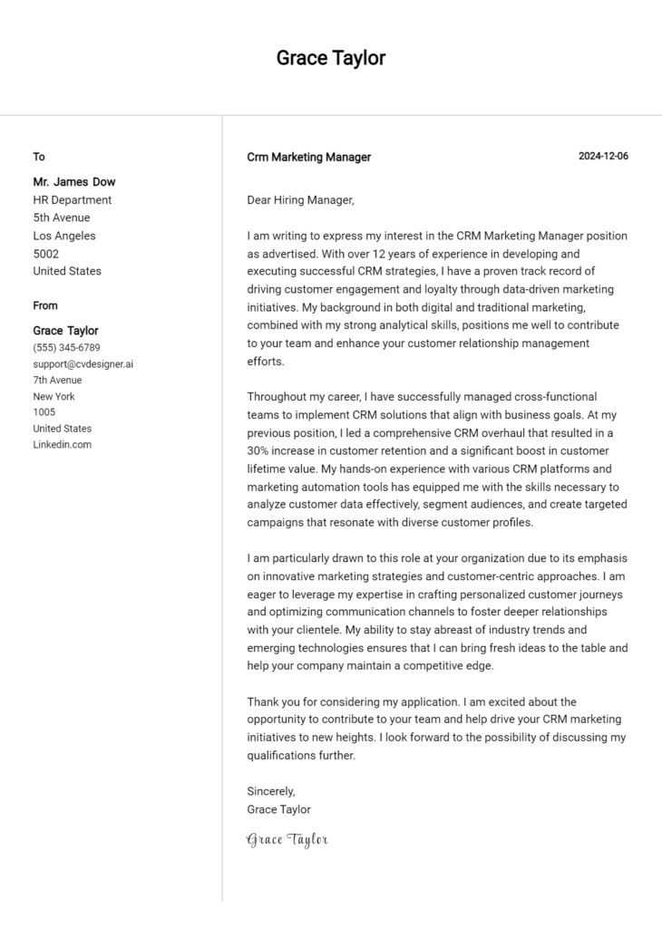 crm marketing manager cover letter example