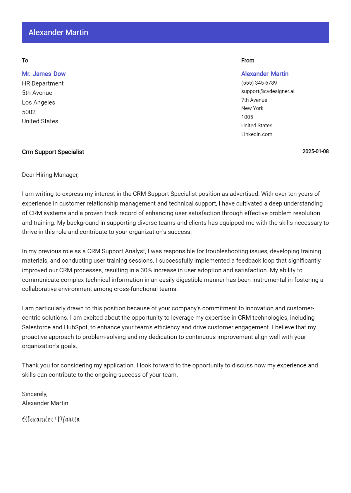 crm support specialist cover letter example