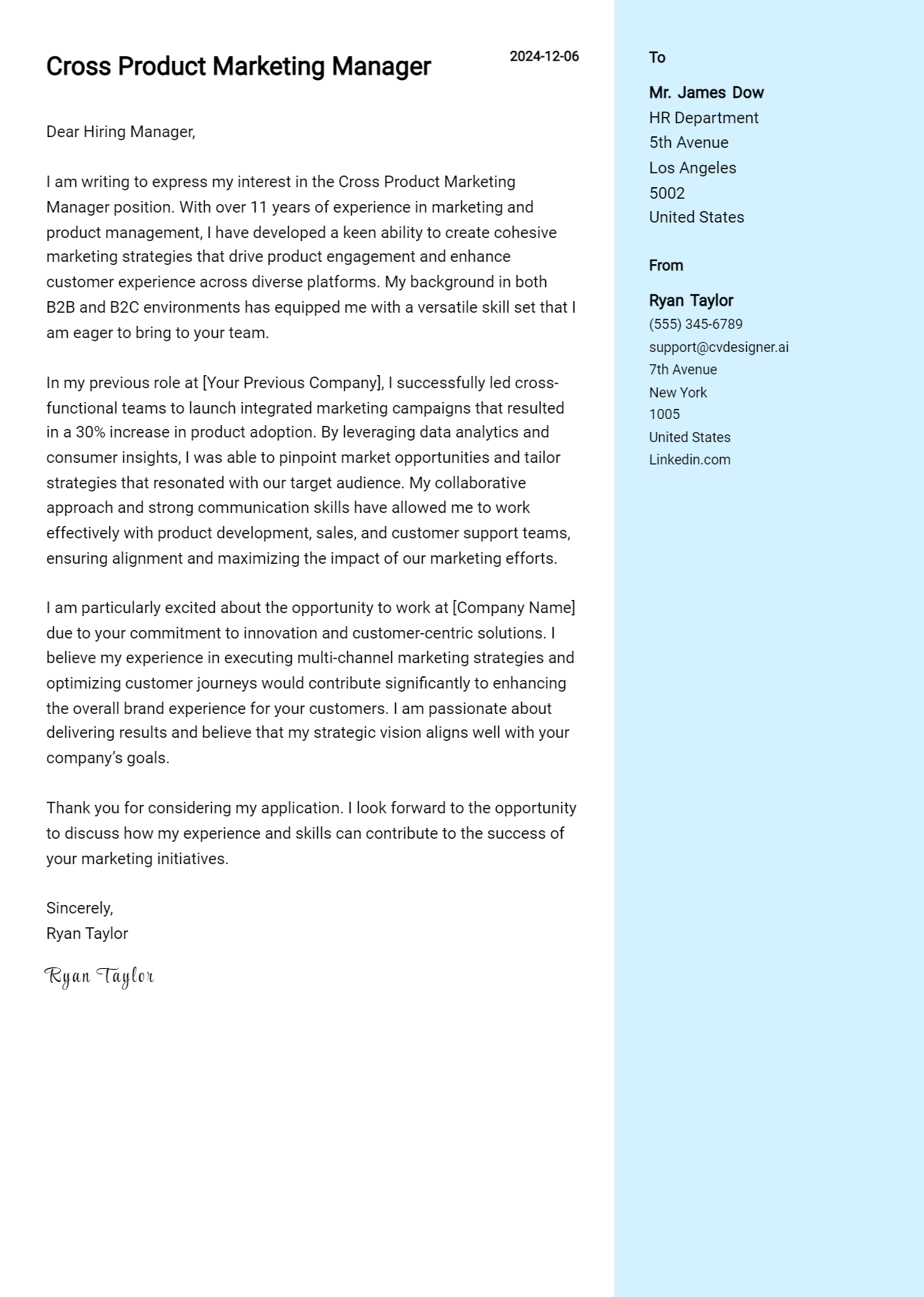 cross product marketing manager cover letter example