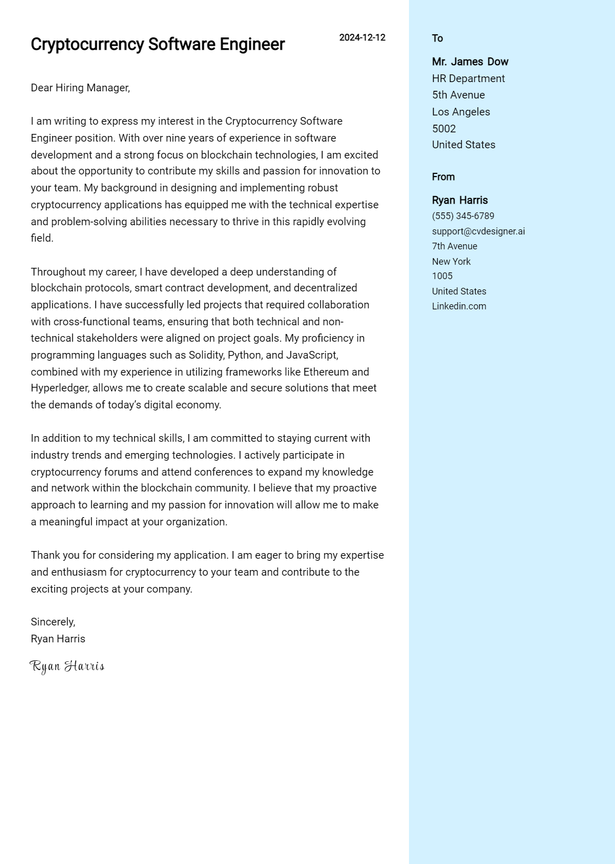 cryptocurrency software engineer cover letter example