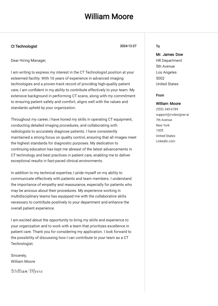 ct technologist cover letter example