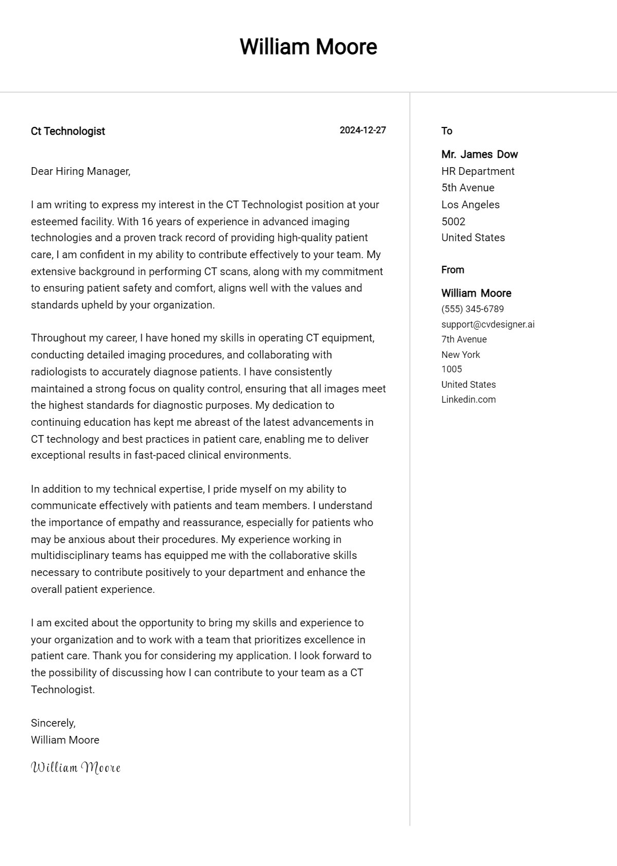 ct technologist cover letter example