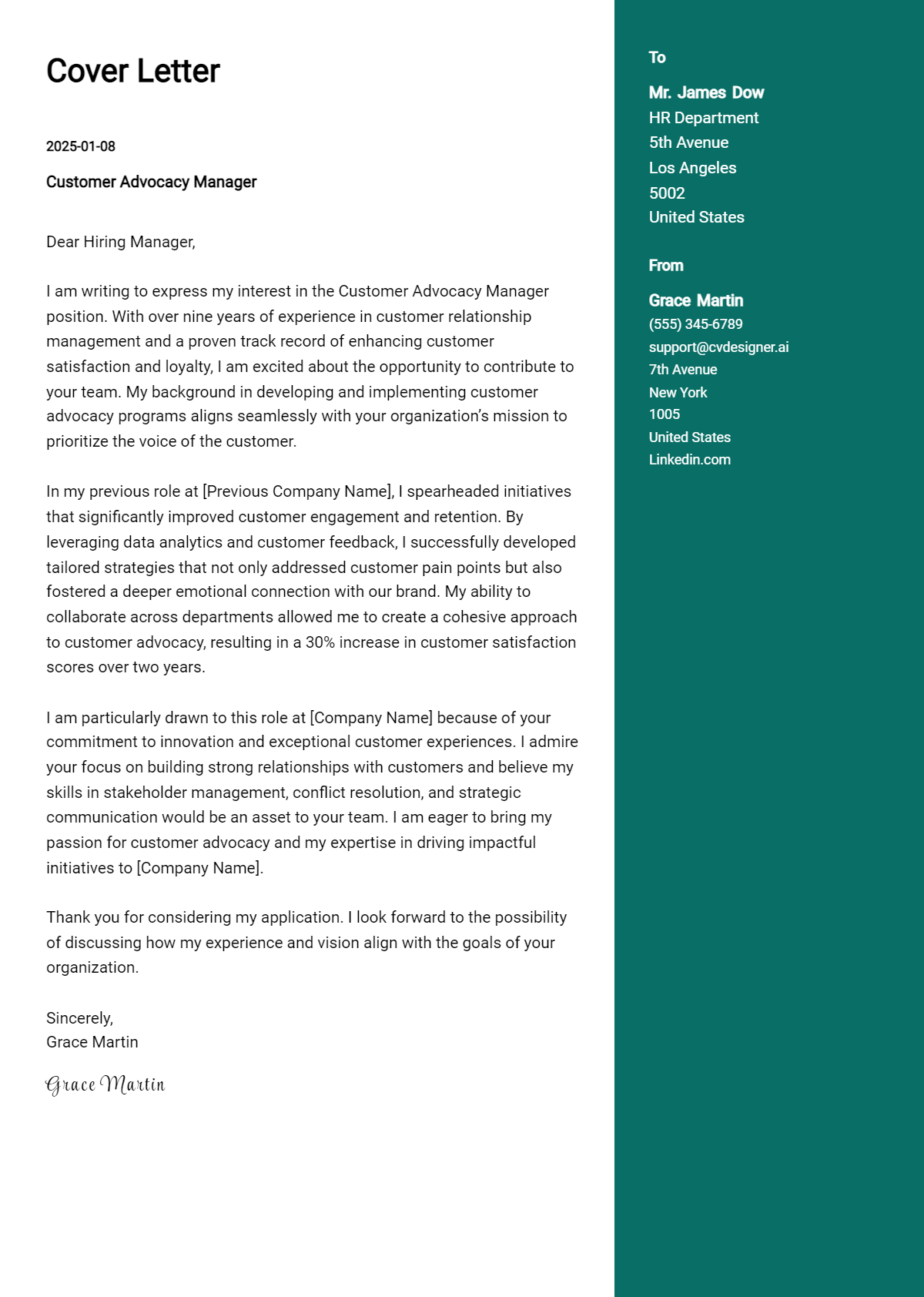 customer advocacy manager cover letter example