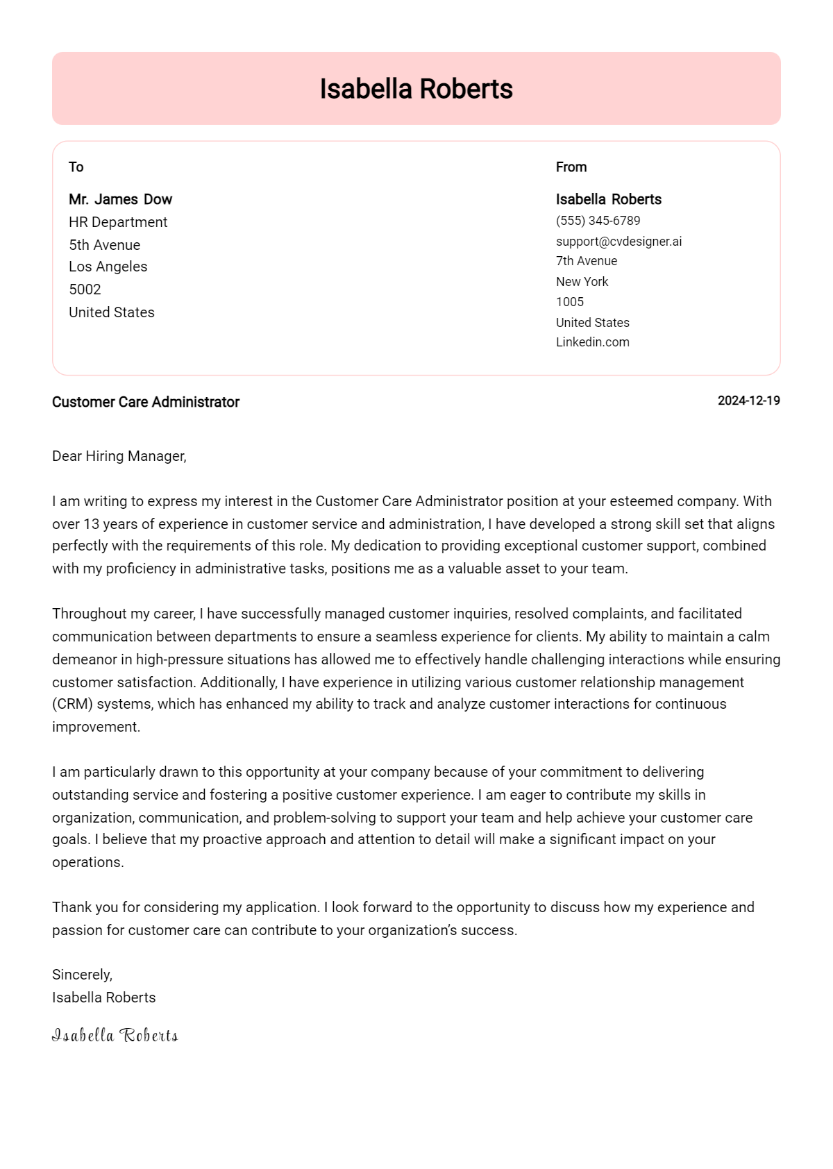 customer care administrator cover letter example