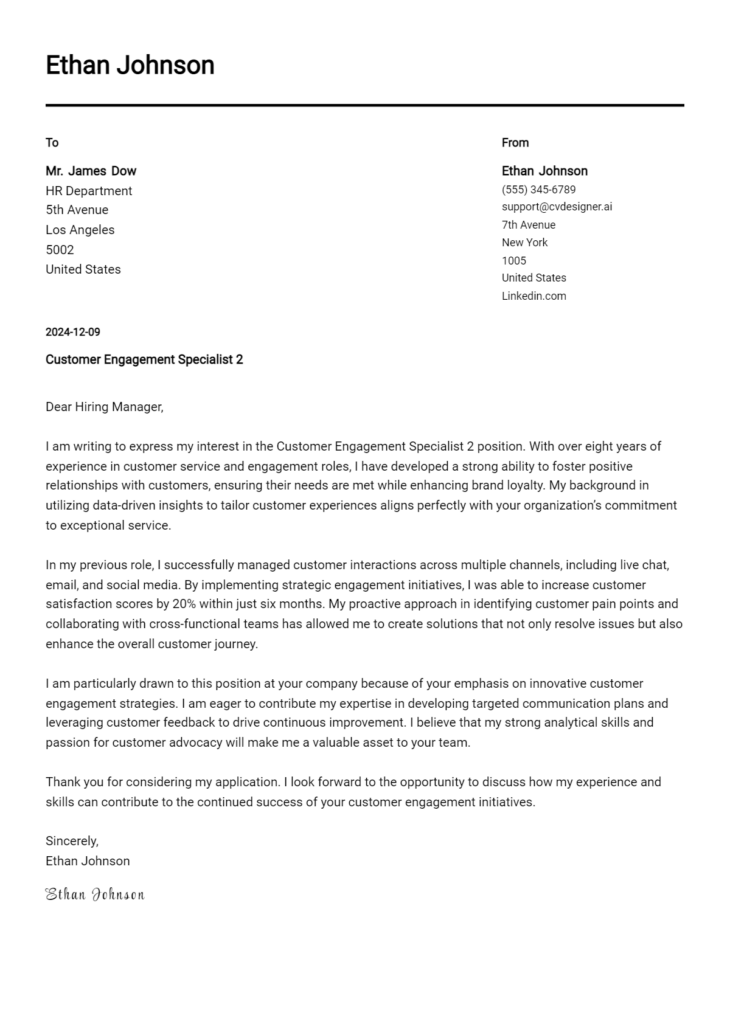 customer engagement specialist 2 cover letter example