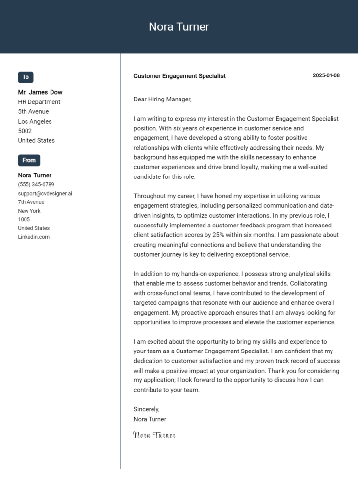 customer engagement specialist cover letter example