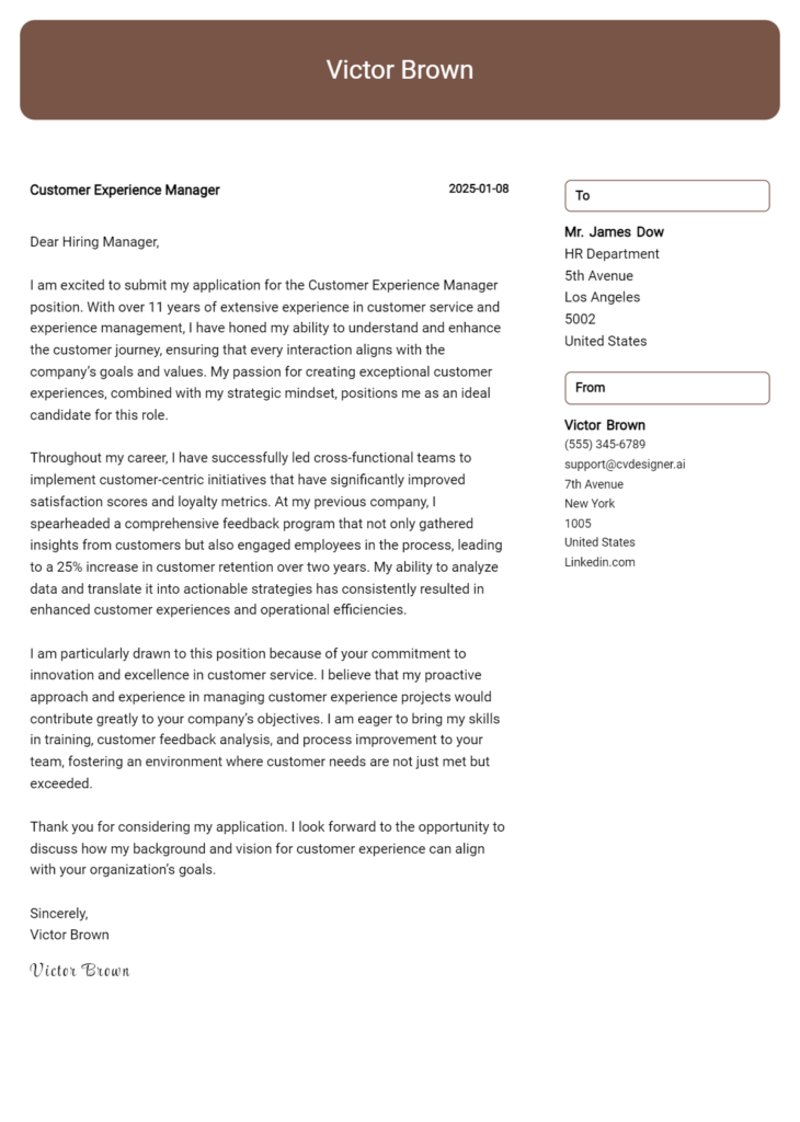 customer experience manager cover letter example