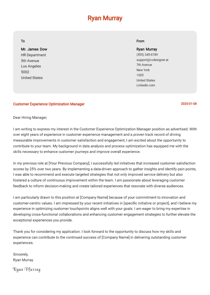 customer experience optimization manager cover letter example