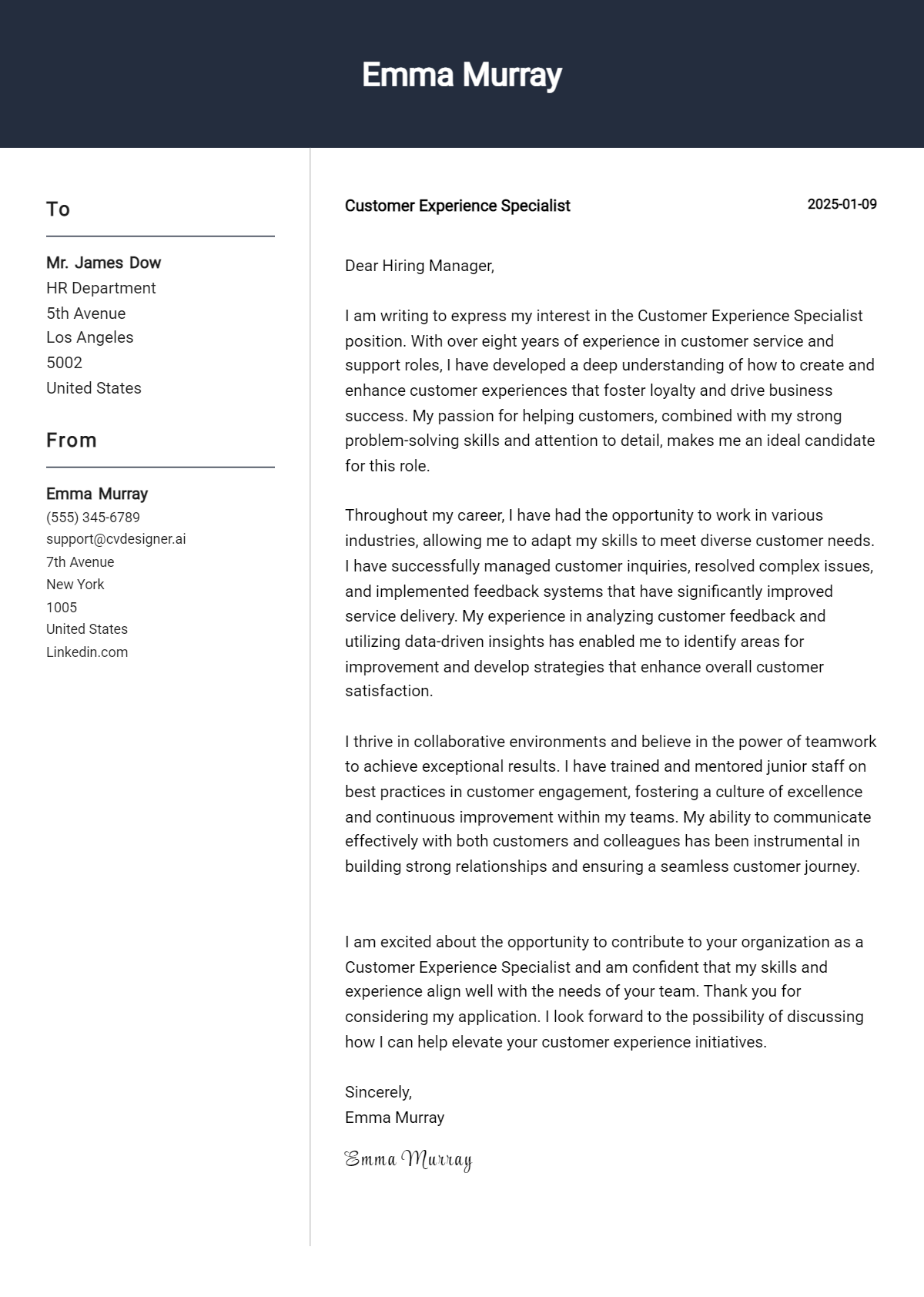 customer experience specialist cover letter example