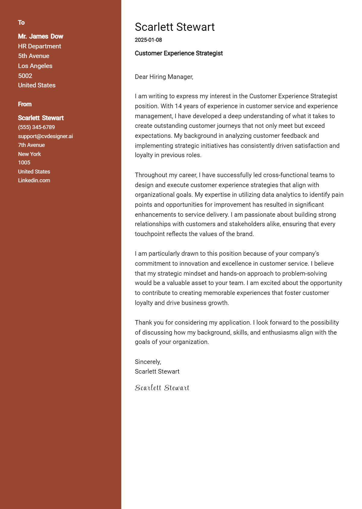 customer experience strategist cover letter example