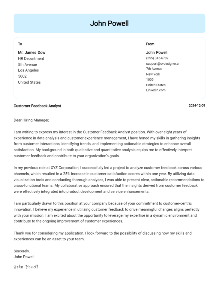 customer feedback analyst cover letter example