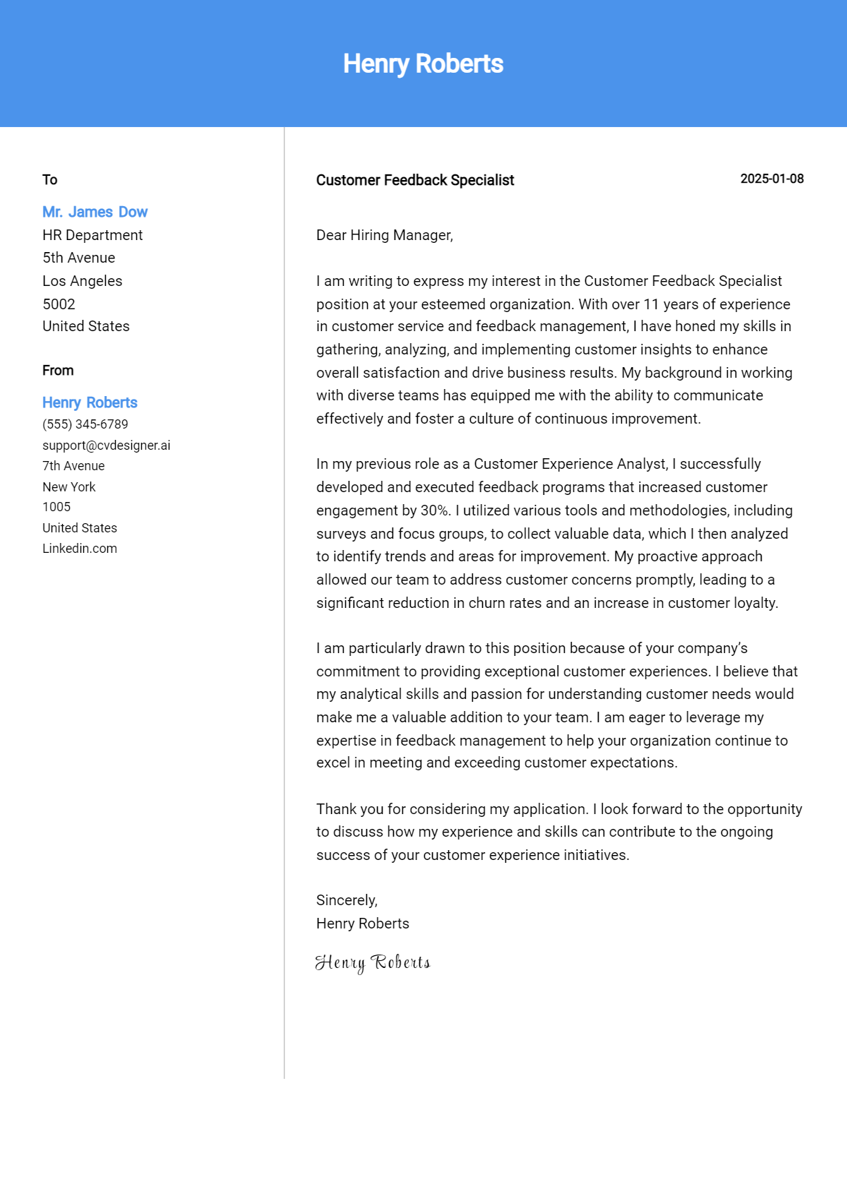 customer feedback specialist cover letter example