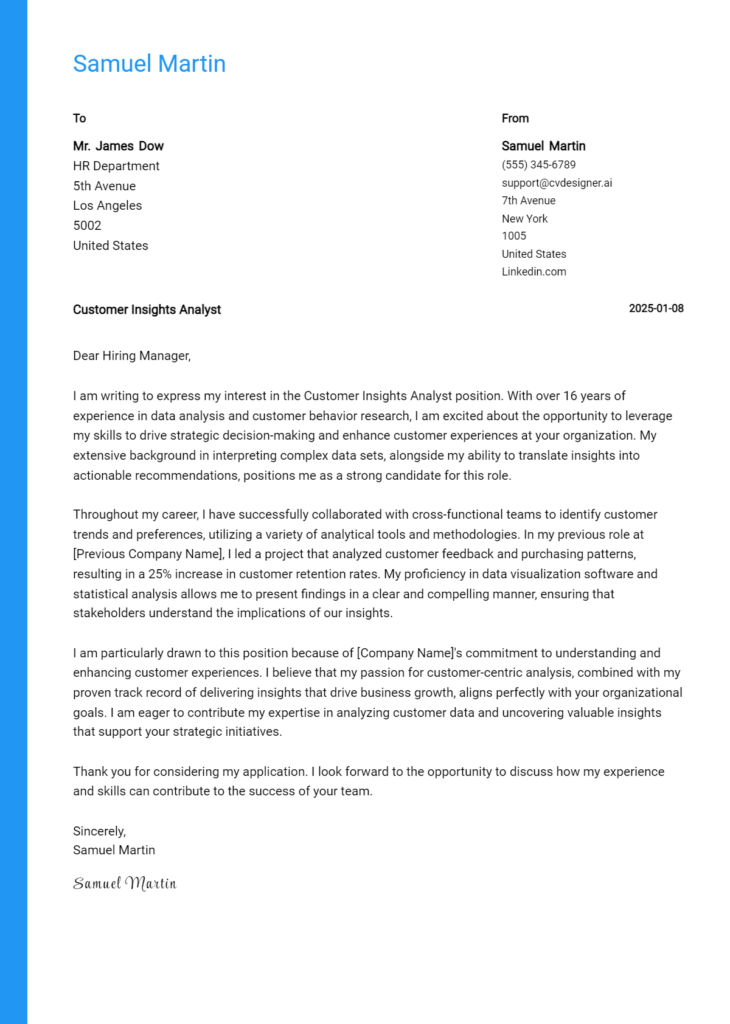 customer insights analyst cover letter example