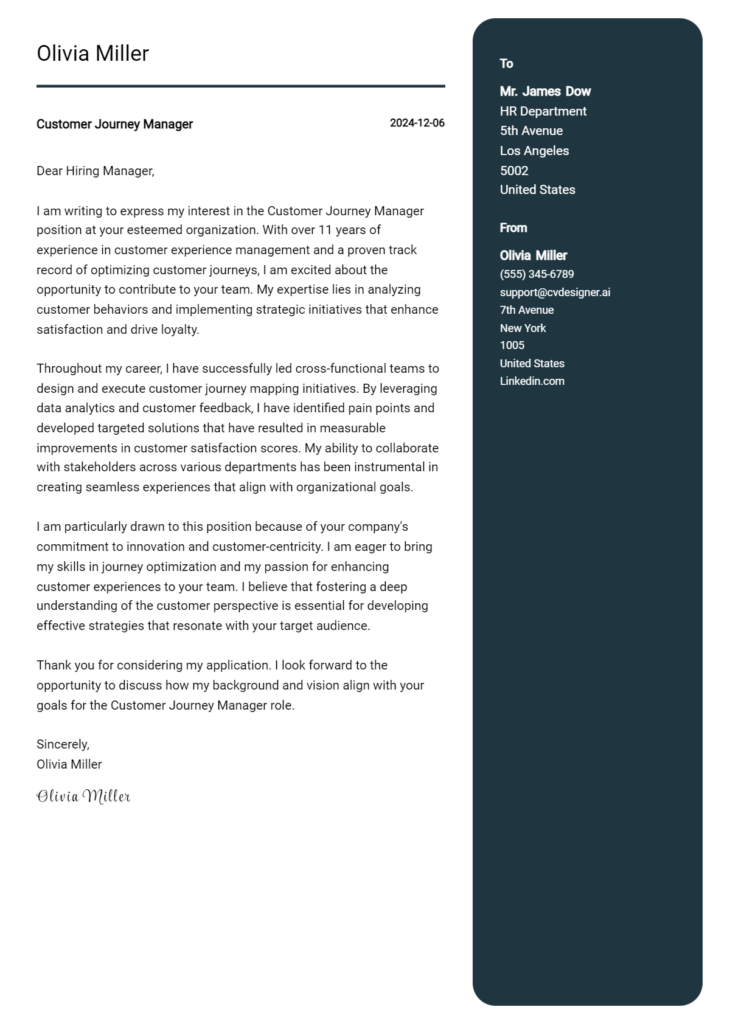 customer journey manager cover letter example