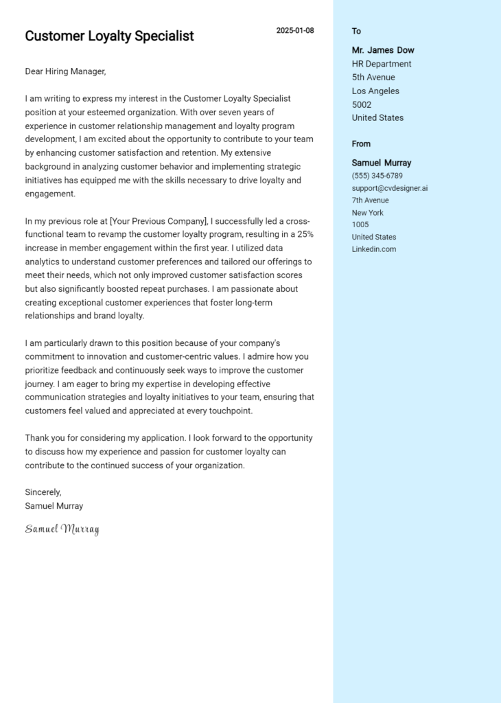 customer loyalty specialist cover letter example