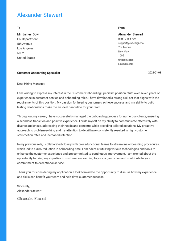 customer onboarding specialist cover letter example