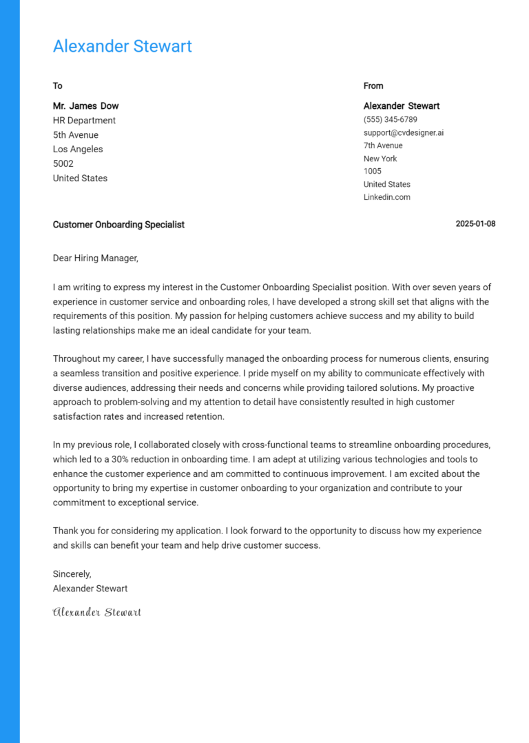 20 Customer Onboarding Specialist Cover Letter Examples & Samples for ...