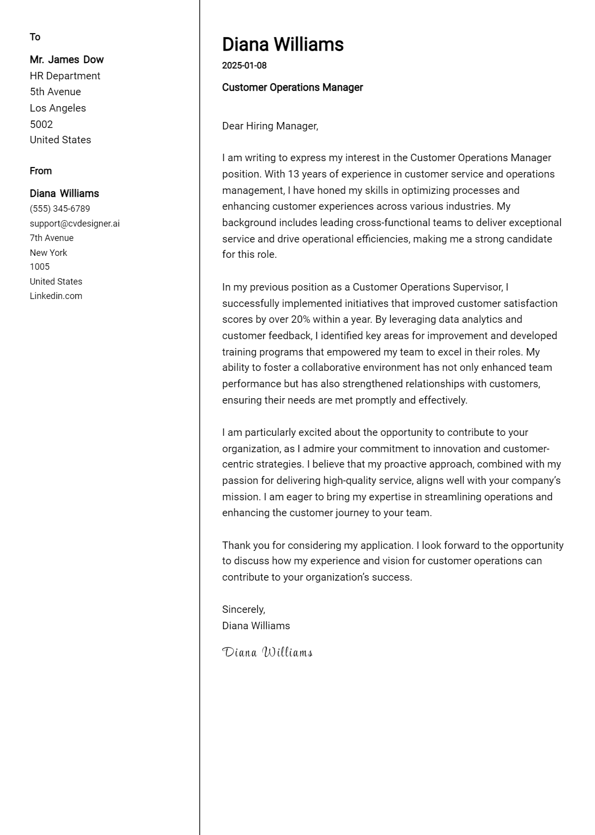 customer operations manager cover letter example