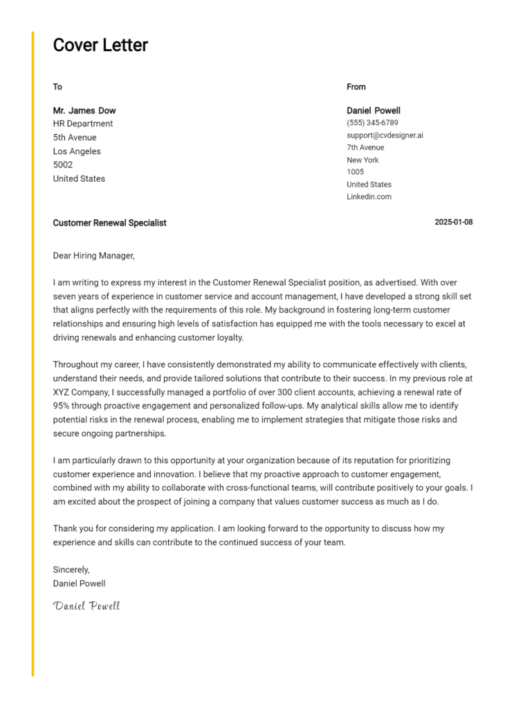 customer renewal specialist cover letter example