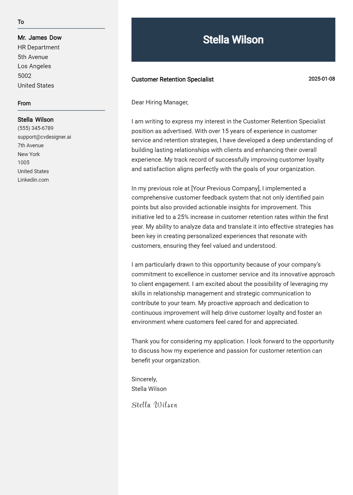 customer retention specialist cover letter example