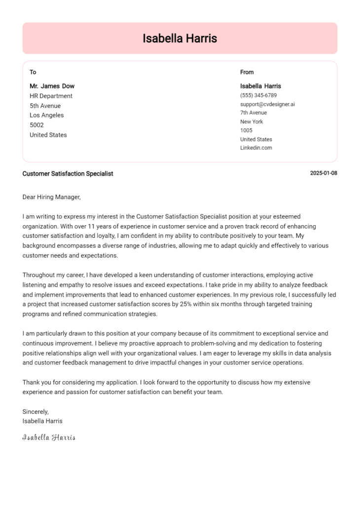 customer satisfaction specialist cover letter example