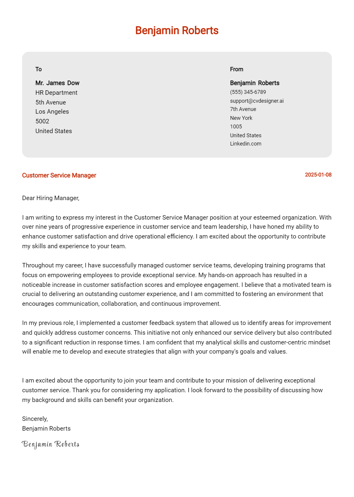 customer service manager cover letter example