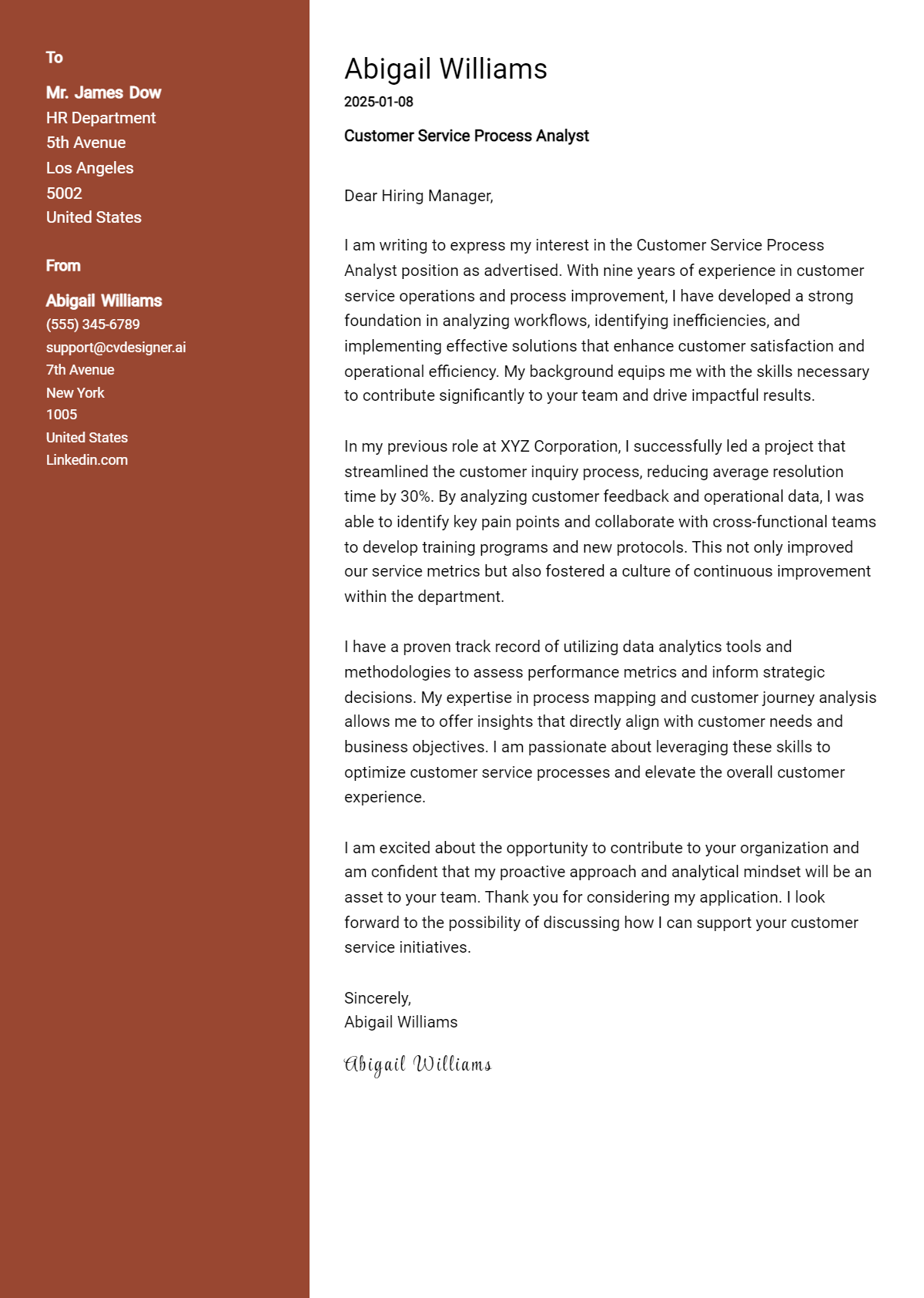 customer service process analyst cover letter example