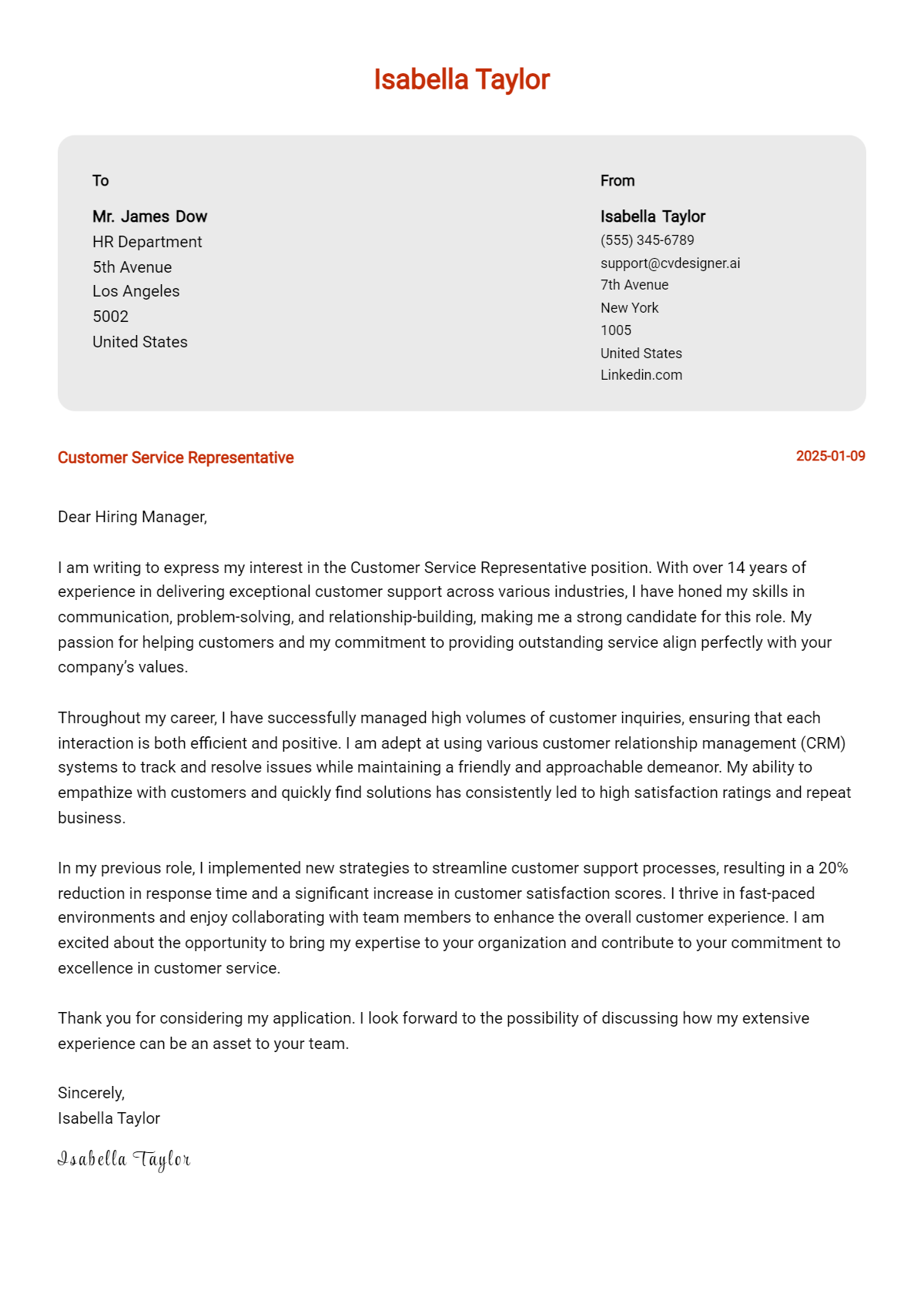 customer service representative cover letter example