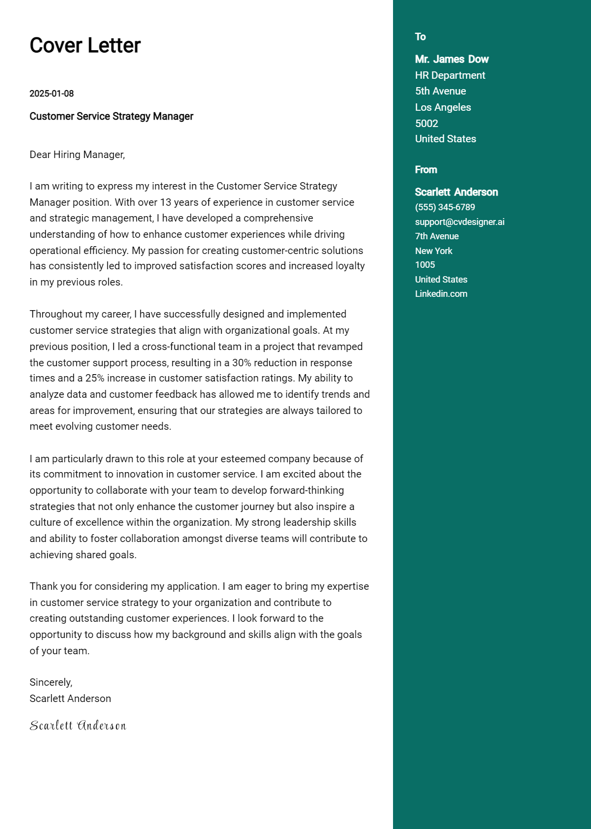 customer service strategy manager cover letter example