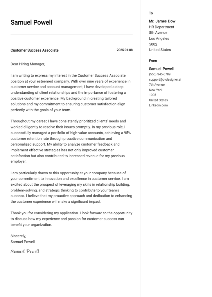 customer success associate cover letter example