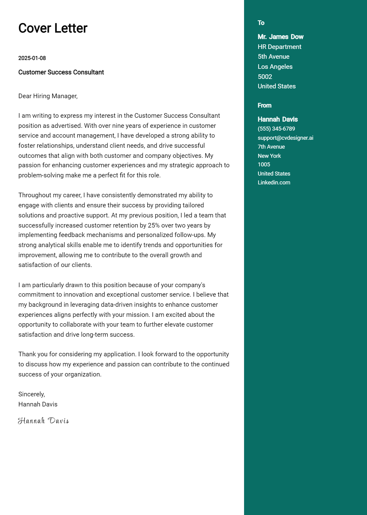 customer success consultant cover letter example