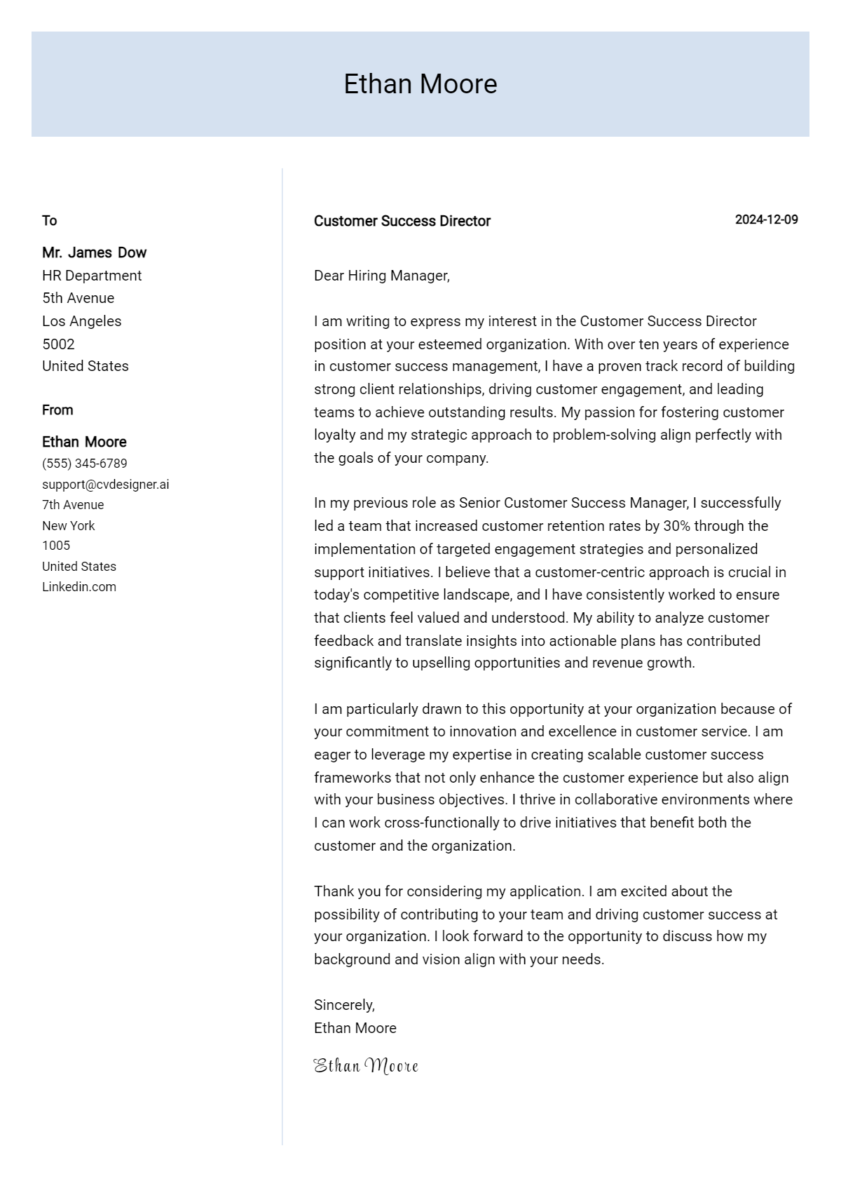 customer success director cover letter example