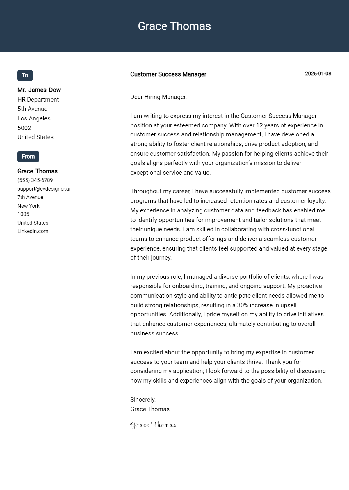 customer success manager cover letter example