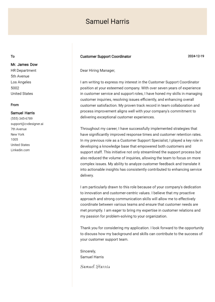 customer support coordinator cover letter example