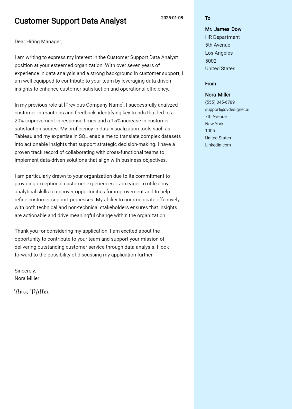 customer support data analyst cover letter example