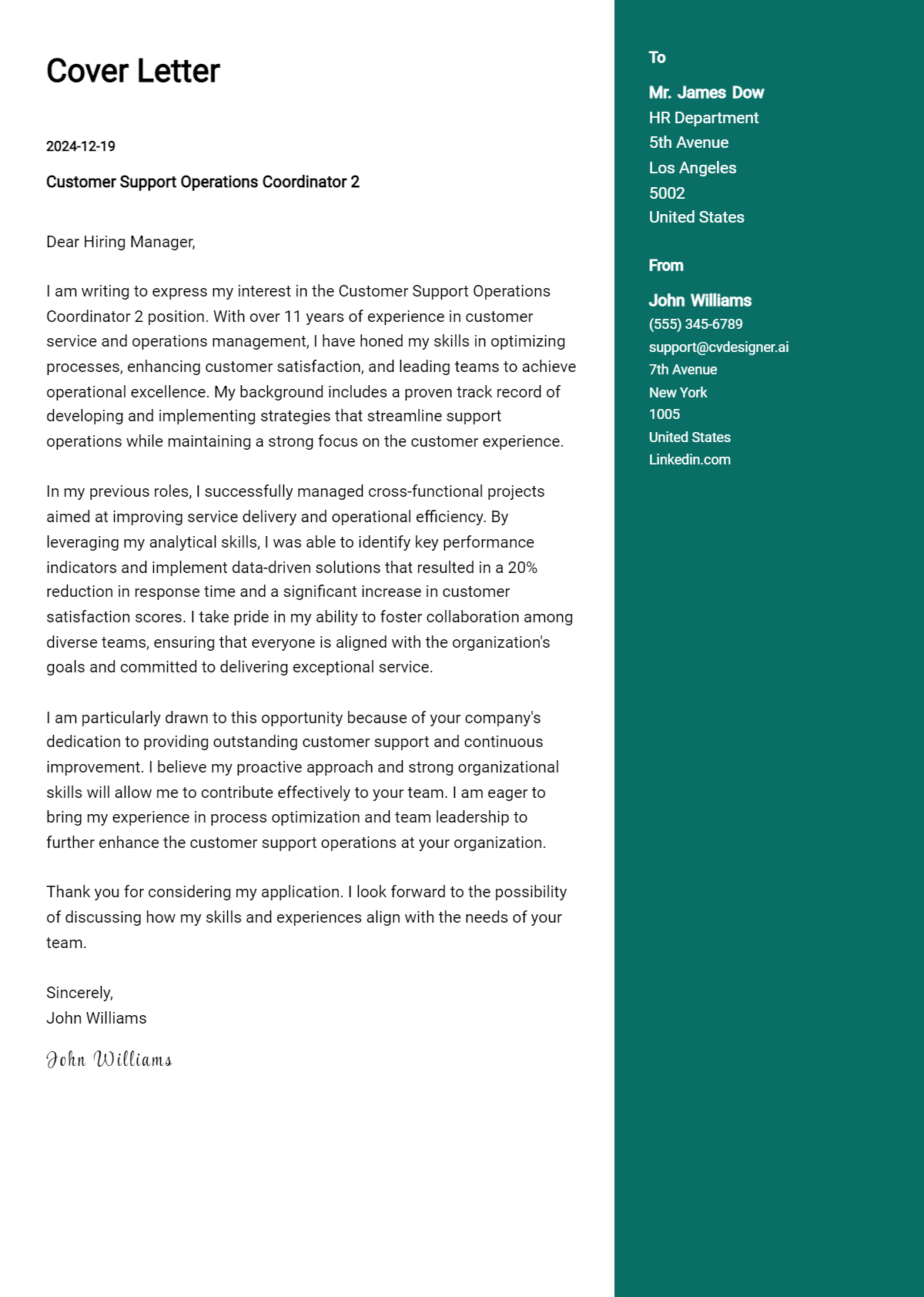 customer support operations coordinator 2 cover letter example