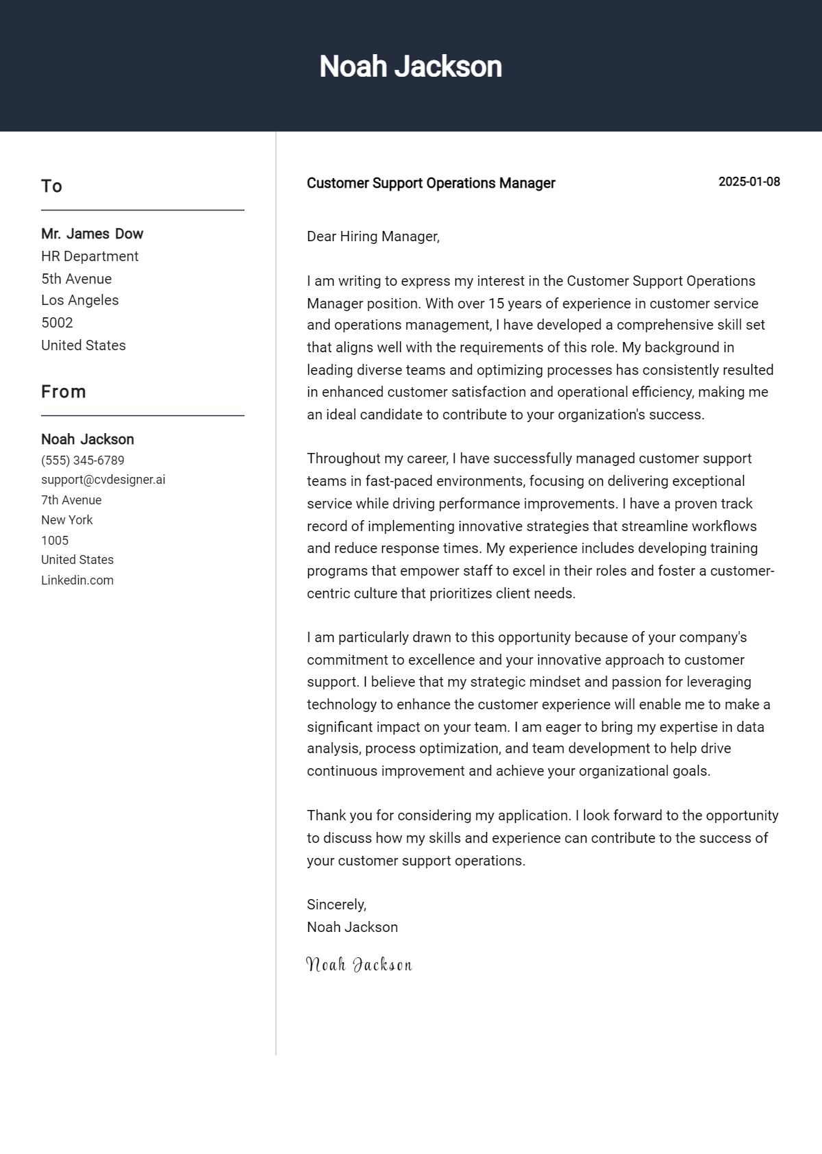 customer support operations manager cover letter example