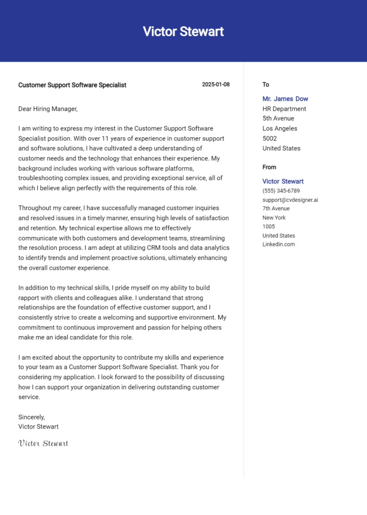 customer support software specialist cover letter example