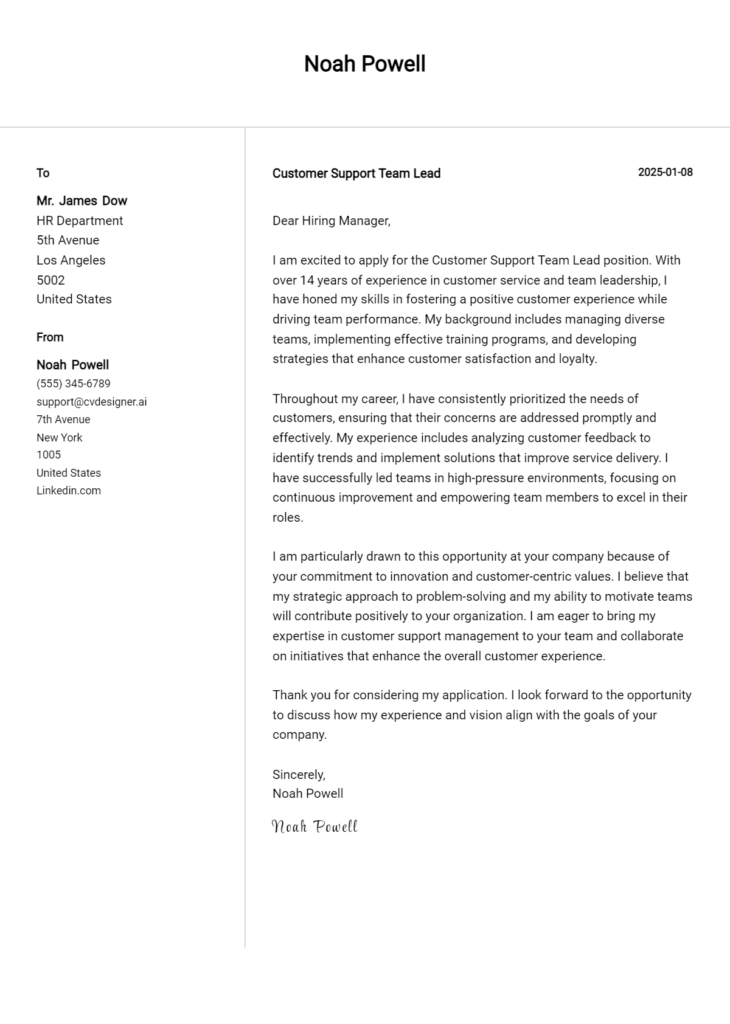 customer support team lead cover letter example