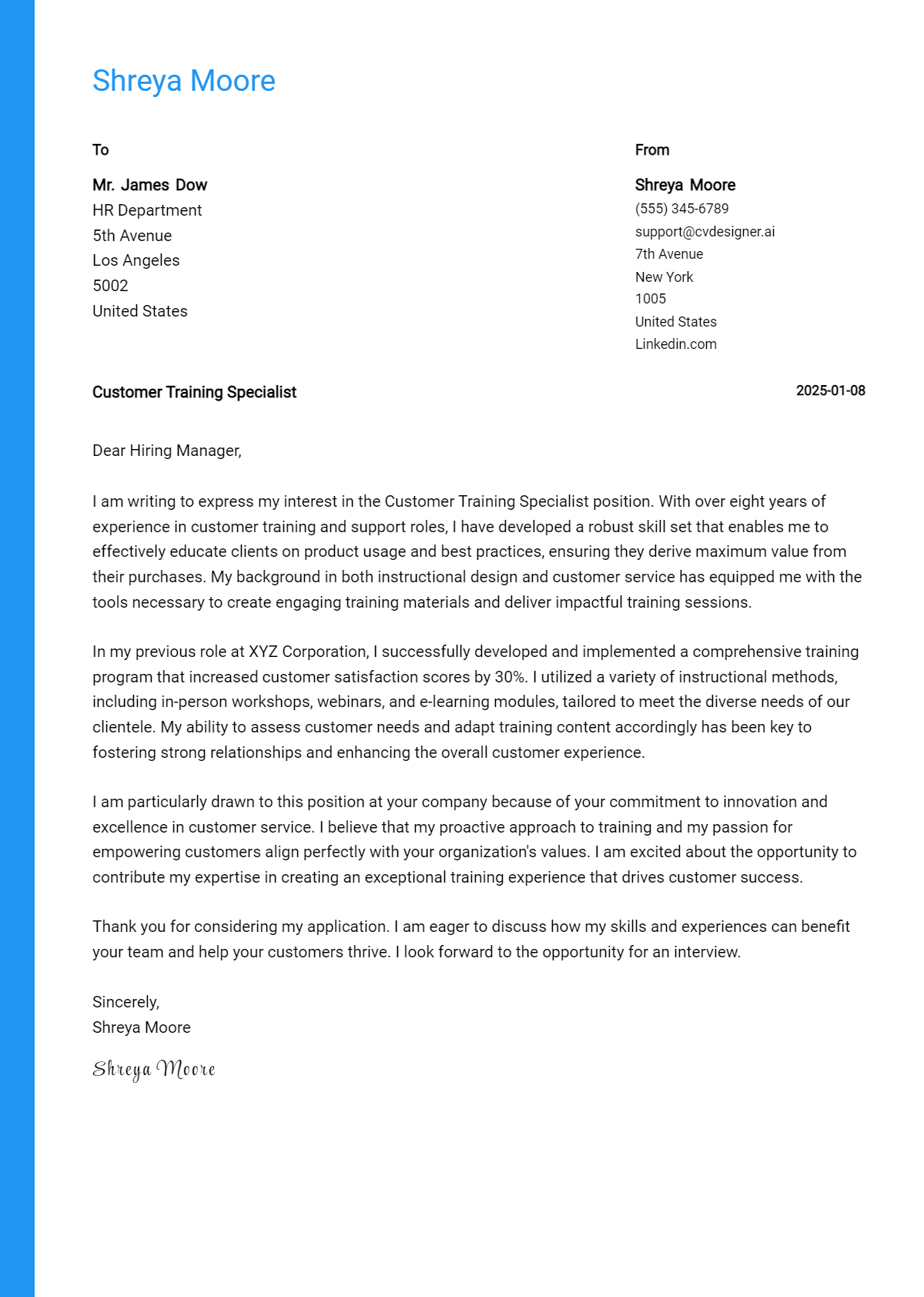 customer training specialist cover letter example