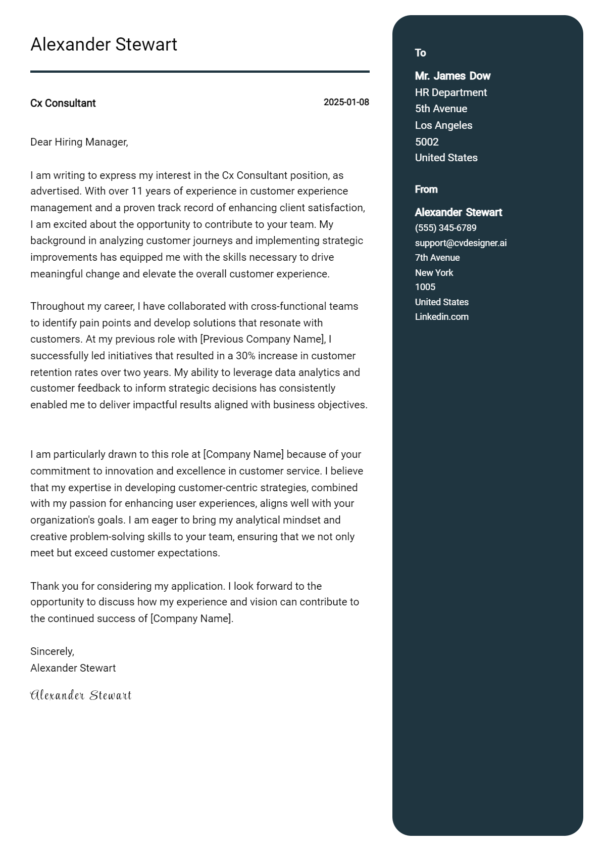 cx consultant cover letter example