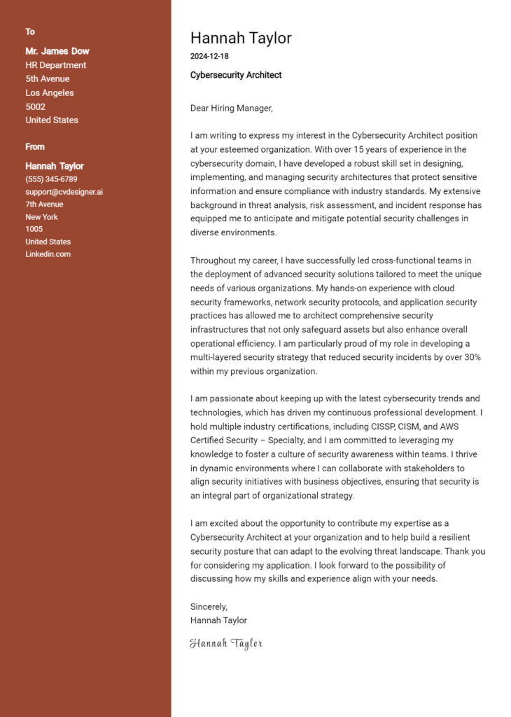 cybersecurity architect cover letter example