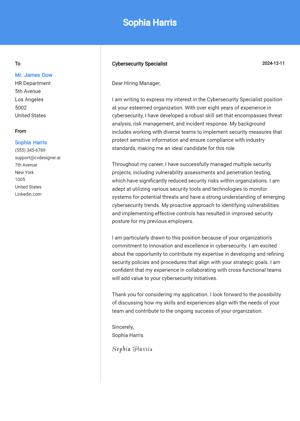 cybersecurity specialist cover letter example