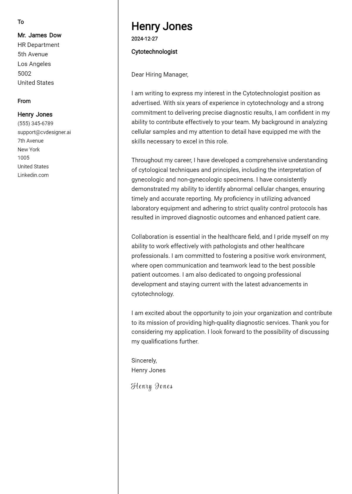 cytotechnologist cover letter example