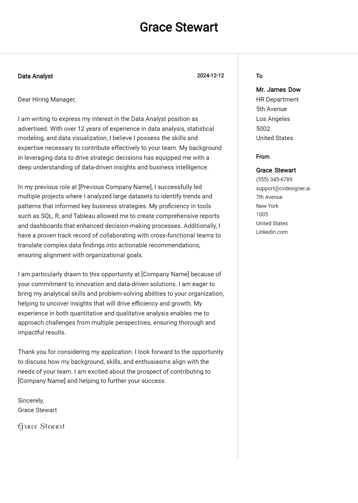 data analyst cover letter example