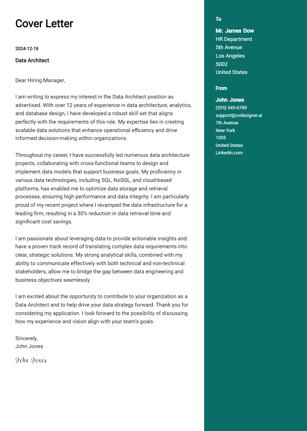 data architect cover letter example