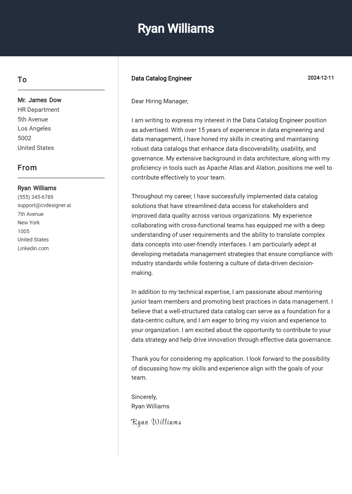 data catalog engineer cover letter example