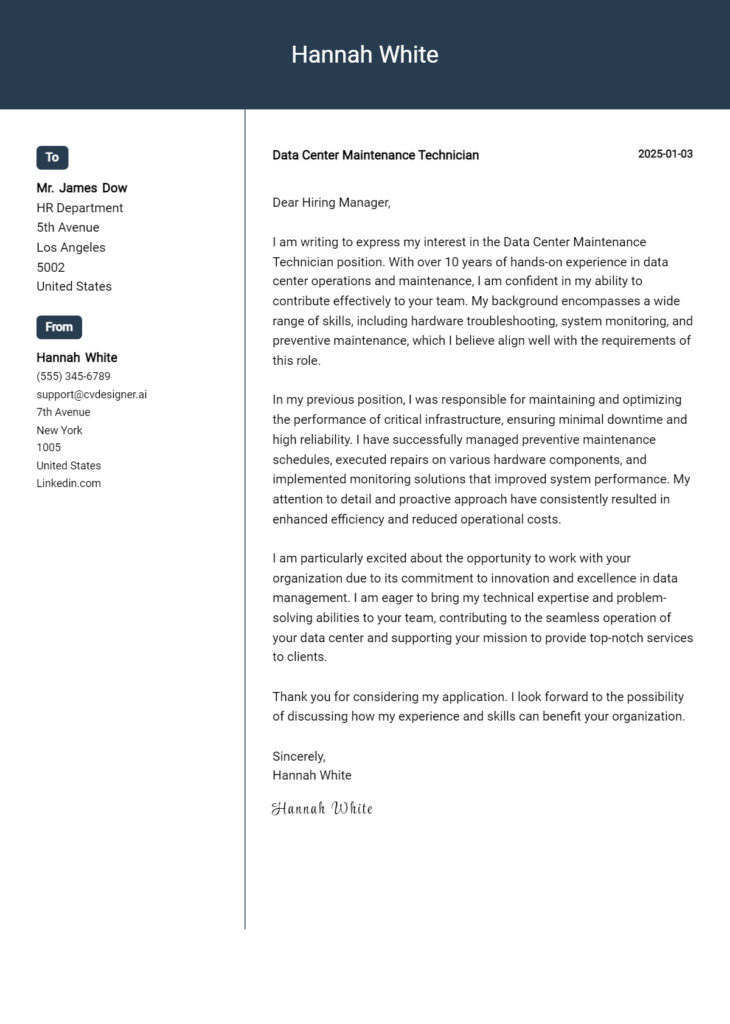 data center maintenance technician cover letter example