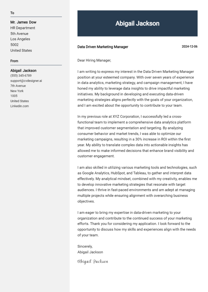 data driven marketing manager cover letter example