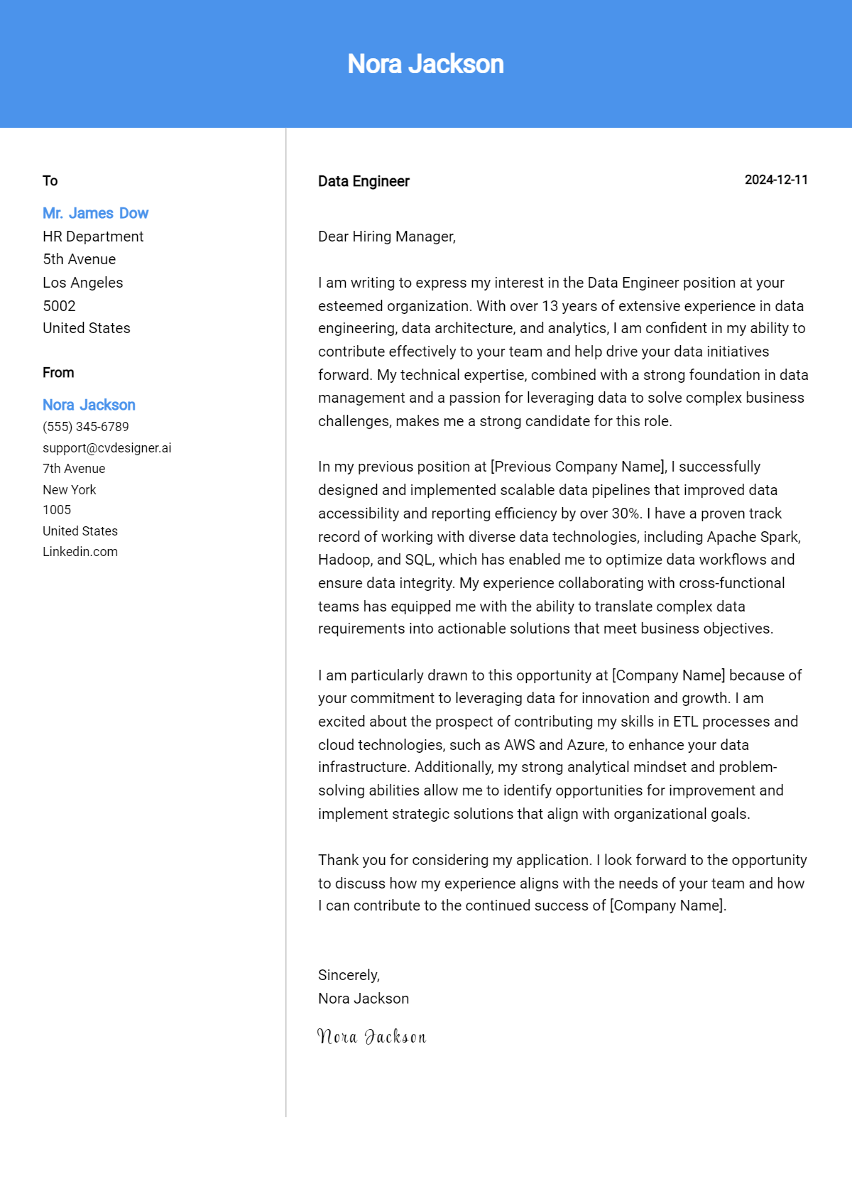 data engineer cover letter example